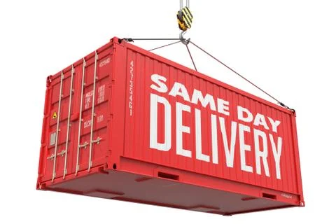 Same Day Delivery - Red Hanging Cargo Container. Stock Illustration