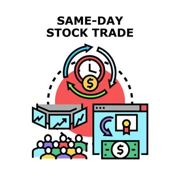 Same day stock trade concept illustration with financial assets Stock Illustration