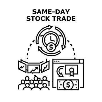 Same day stock trade concept illustration with financial assets Stock Illustration