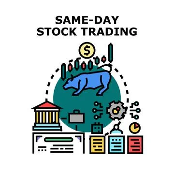 Same day stock trading concept with market bull and financial graphs Stock Illustration