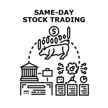 Same day stock trading concept with market bull and financial graphs Stock Illustration