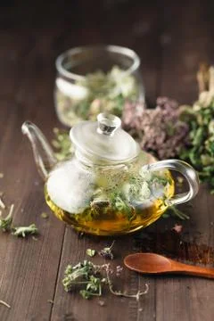 Same dried herbs ready to breawing in kettle for medicine tea Stock Photos