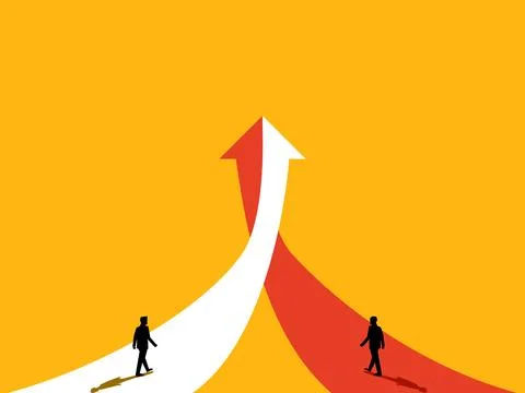 Same goal, same path. Two businessmen walk on the same arrow Stock Illustration