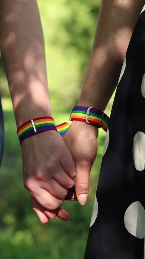 Same-sex couple holding hands on blurred natural background Stock Footage 341023792