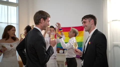 Same sex couple talking and celebrating with champagne Stock-Footage 341113513