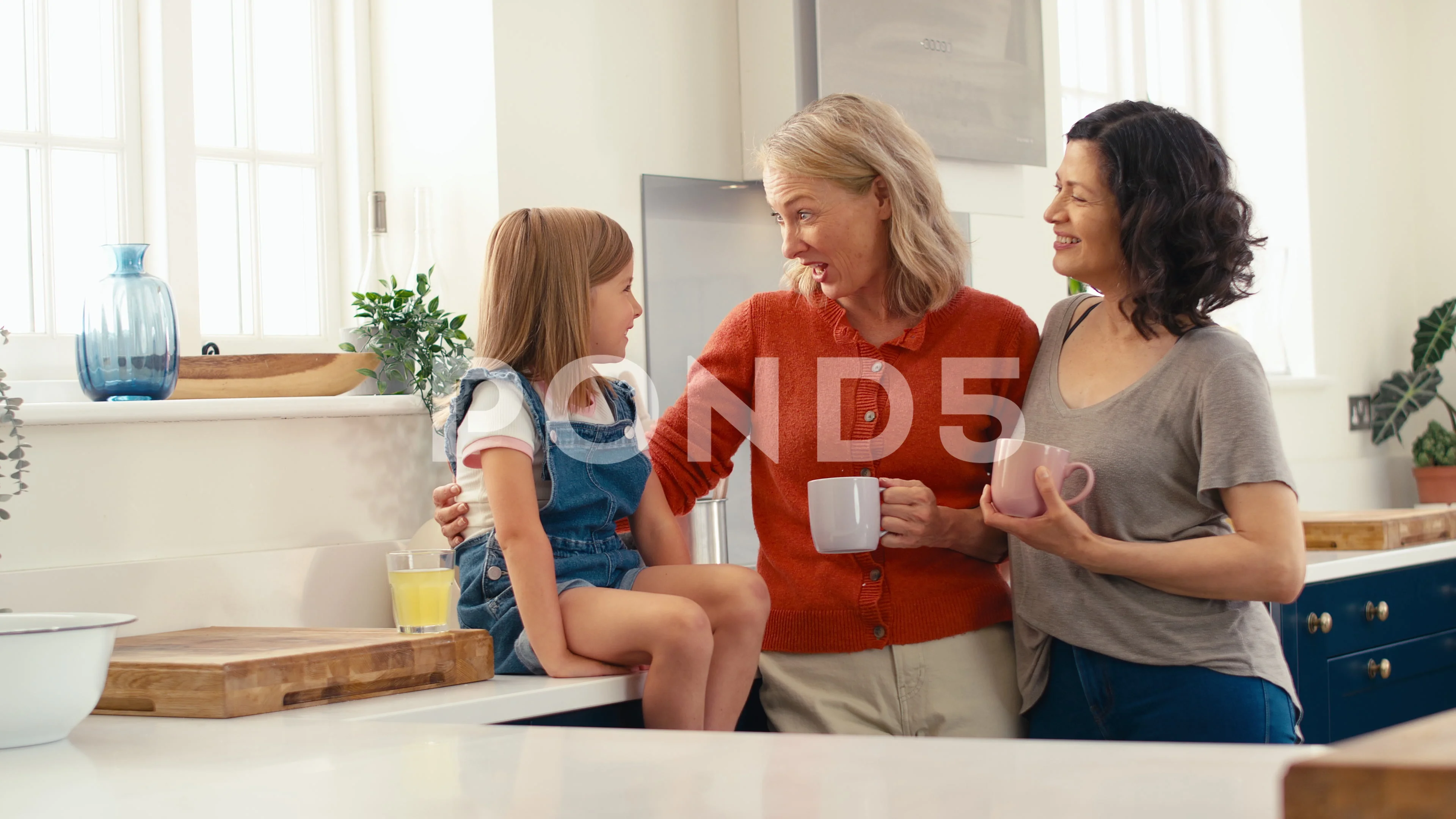 Same Sex Family With Two Mature Mums And Daughter Sitting In Kitchen Talking