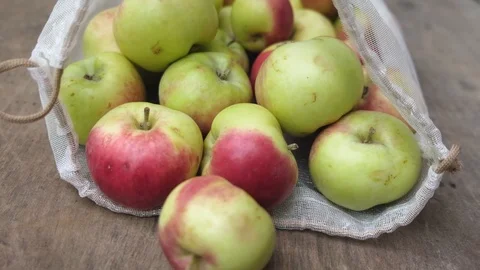 Сamera moves inside reusable mesh produce bag with fresh organic apples Vídeos de archivo 113206992