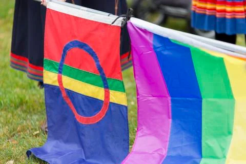 The Sami Flag and the Rainbow Flag Stock Photos