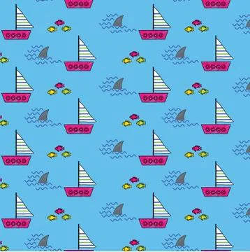 Samless pattern background with sailing boats shark fins and fishes Stock Illustration