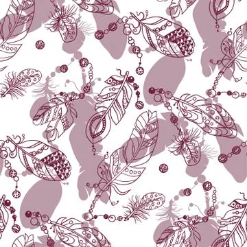 Samless pattern with colored dark red graphic  feathes with pink shadows in v Stock Illustration