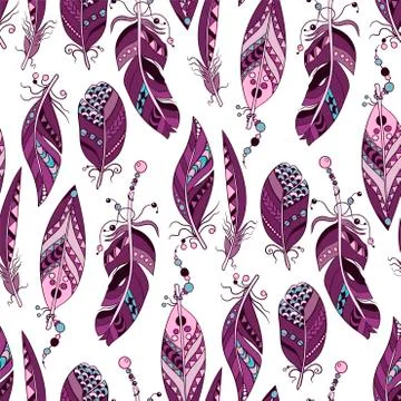 Samless pattern with colored purple and pink vertical feathes in vector ornam 스톡 일러스트