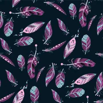 Samless pattern with colored purple and blue feathes in vector ornament Stock Illustration