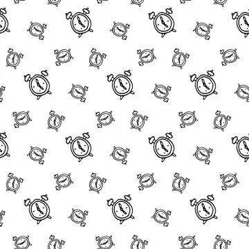 Samless pattern Hand drawn alarm clock doodle. Sketch Back to school, icon. D Stock Illustration