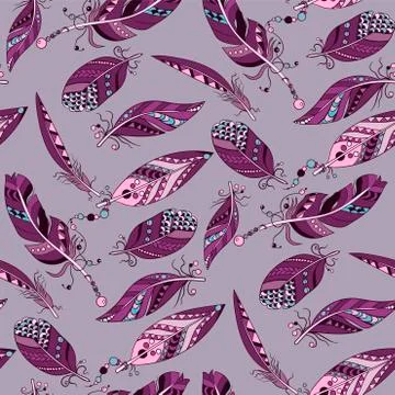 Samless pattern on purple background with colored purple and pink feathes in Stock Illustration