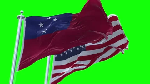 Samoa and United States Flags Waving on Flagpoles. Seamless Stock Footage 297378904