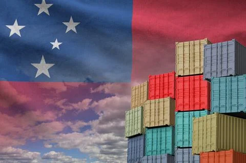 Samoa flag and big stack of shipping cargo containers in docks with sky Foto stock