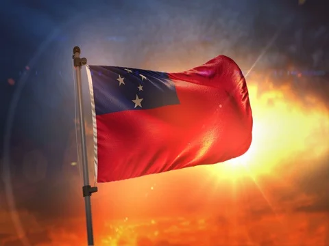 Samoa Flag Backlit At Beautiful Sunrise Loop Slow Motion 4K Stock Footage 76809691