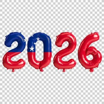 Samoa flag colors 2026 3d illustration, balloon numbers 3d rendering on tra.. Stock Illustration