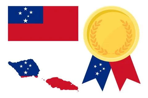 Samoa flag with map and gold medal in set for web and banners or app and game Stock Illustration