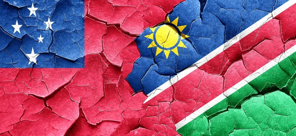 Samoa flag with Namibia flag on a grunge cracked wall Illustrazione stock