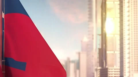 Samoa flag at sunrise with modern city architecture Stock Footage 220545267