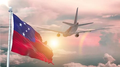 Samoa flag Waving Realistic With Sky Plane Takes Off At Sunrise Stock Footage 295290382