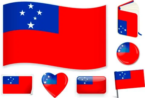 Samoa. Samoan flag wave, book, circle, pin, button, heart and sticker. Stock Illustration