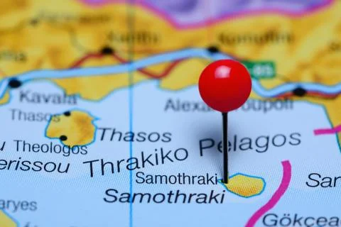 Samothraki pinned on a map of Greece Stock Photos