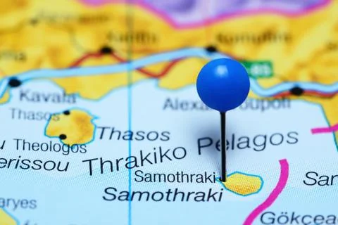 Samothraki pinned on a map of Greece Foto stock
