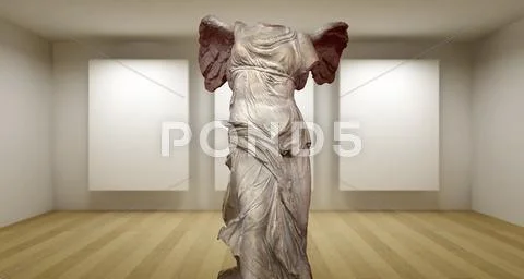 Samotracia, empty gallery, 3d room with greek sculture, ancient statue Stock Illustration