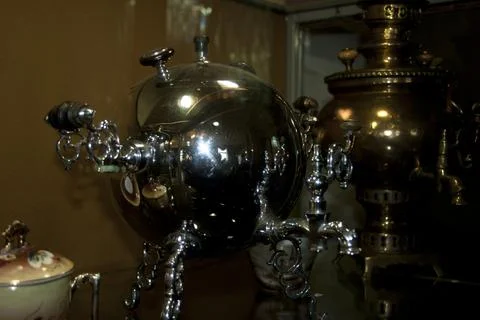 Samovar in the interior of the old Russian samovar Stock Photos
