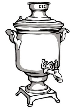 Samovar, Russian traditions, tea drinking. The drawing is black and white Stock Illustration