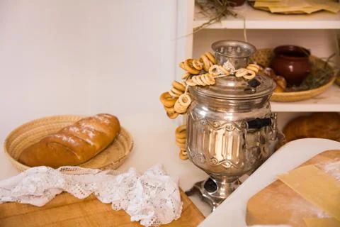 Samovar with the sheep on the table Stock Photos