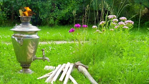 Samovar smoke grass flowers 1 Stock Footage 85096417