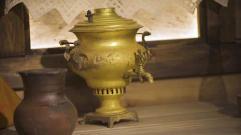 Samovar stands at the window in the old hut Stock Footage 150210959