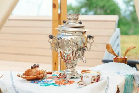 Samovar on the table Stock Photos