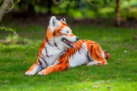 Samoyed dog repainted on tiger. groomed dog. pet grooming. Samoyed dog Stock Photos