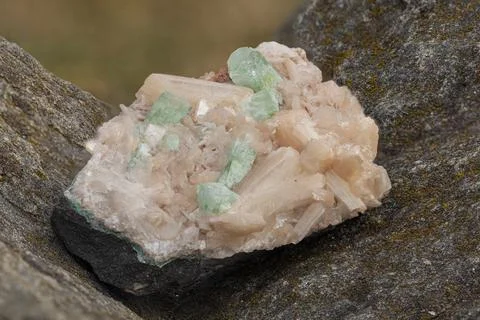 Sample of apophyllite and stilbite on a black background Foto stock