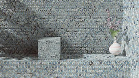 Sample of bathroom products on tiled backdrop for sample of perfumery and Illustration
