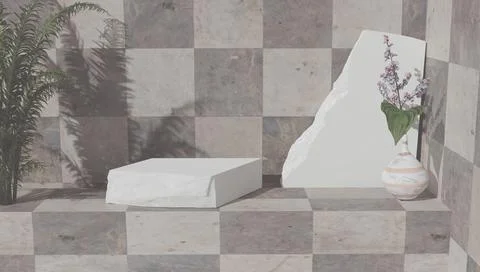 Sample of bathroom products on tiled backdrop for sample of perfumery and Illustration