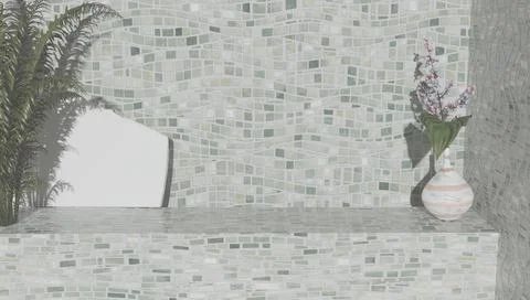 Sample of bathroom products on tiled backdrop for sample of perfumery and Illustration