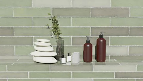 Sample of bathroom products on tiled backdrop for sample of perfumery and bat Stock Photos