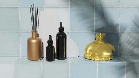 Sample of bathroom products on tiled backdrop for sample of perfumery and bat Stock Photos