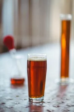 Sample of beer in beaker at the local brewery Foto stock
