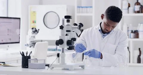 Sample, black man and scientist in laboratory with medical research for inn.. Stock Photos
