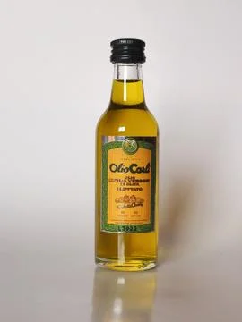 Sample bottle of Olio Carli extra virgin olive oil Stock Photos