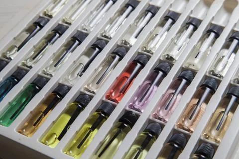 Sample of colored perfume bottles with different types of fragrances and arom Stock Photos