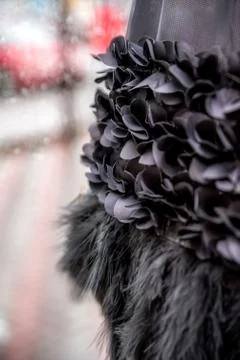 A sample of fabric in a shop window for needlework. Stock Photos