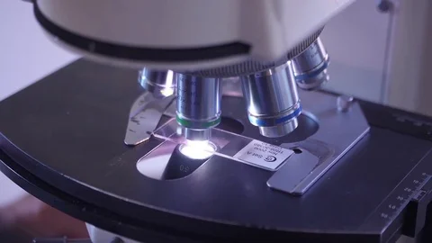 Sample in glass slide undergoes microscopic testing in lab slow motion Video stock 82745143