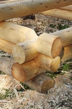 Sample of loghouse construction process. Stock Photos